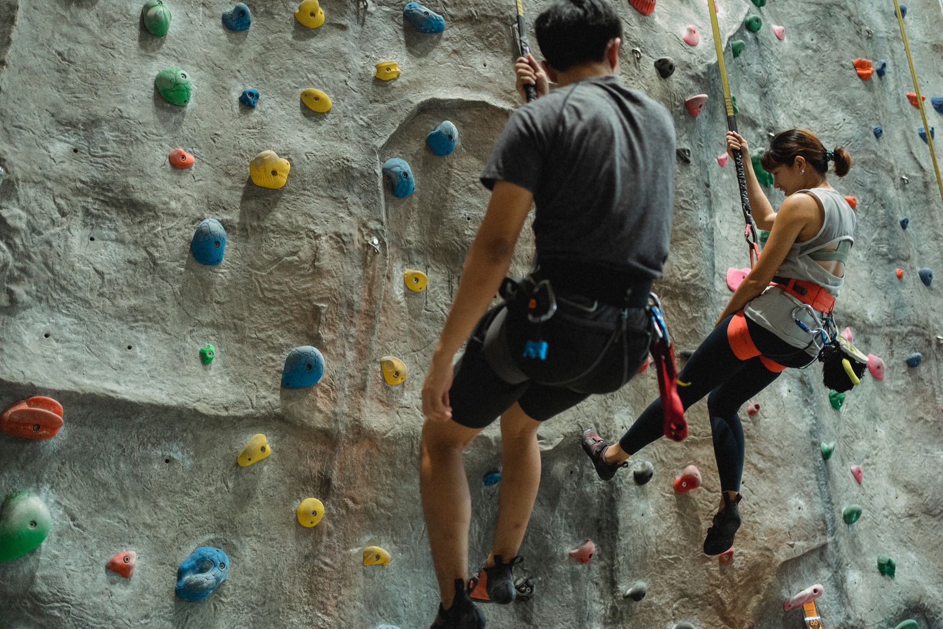 aldgate city bouldering: Back view of unrecognizable male and female climbers in sportswear and sit harnesses hanging on rope